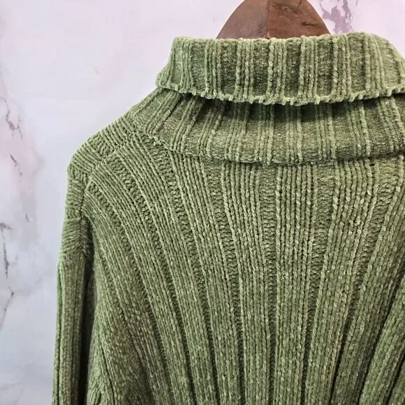 Vintage Y2K Sweater Women 3X Green Chenille Cable Knit Turtleneck Oversized - Picture 6 of 14